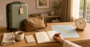 ホテルに預けたスーツケースと旅行計画ノート